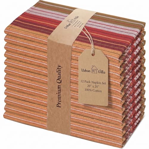 Urban Villa Cloth Napkins Set of 12 20x20 Inches 100% Cotton Napkins Cloth Washable Durable Reusable Absorbent Table Dinner Napkins Cloth for Thanksgiving Hotel Lunch Restaurant Parties  Fall Stripes