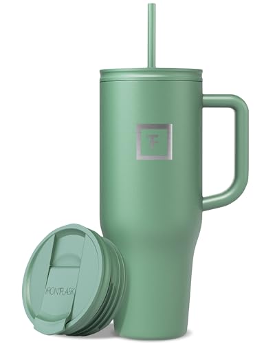 IRON FLASK Co-Pilot Insulated Mug w/Straw & Flip Cap Lids - Cup Holder Bottle for Hot, Cold Drink - Leak-Proof- Water, Coffee Portable Travel Tumbler - Sage, 40 Oz