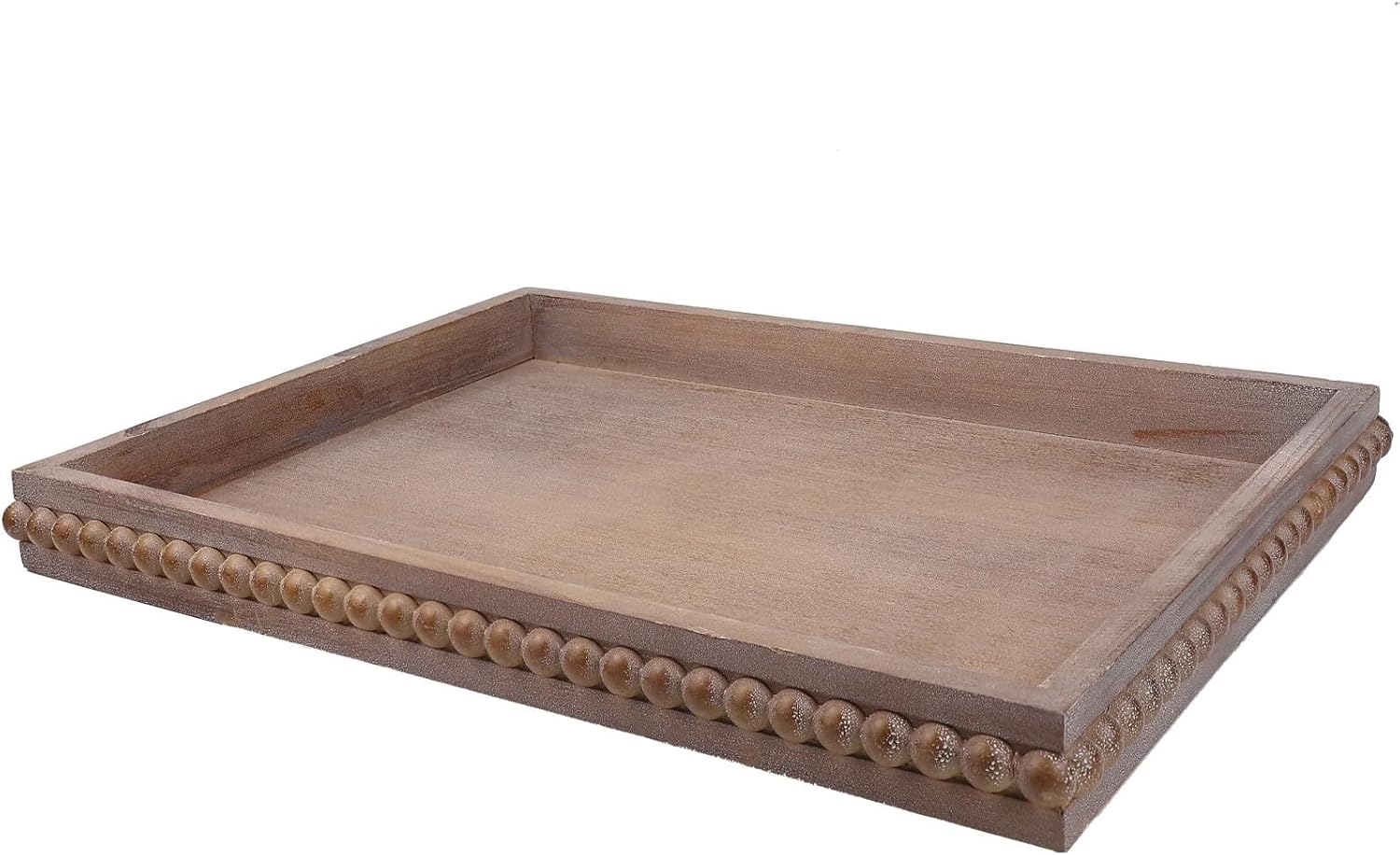 Wood Decorative Tray, Distressed Outdoor Serving Tray with Wooden Bead for Ottoman, Coffee Table, Entertaining, Home Decor, Rectangular 15.7*11.8*1.57 (Retro Brown)