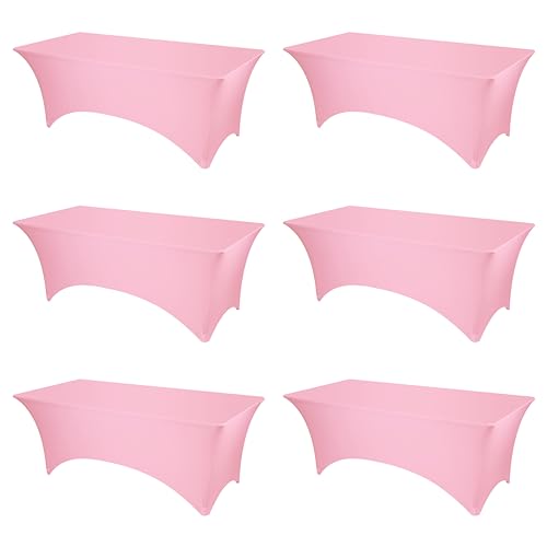 BRILLMAX 6 Pack Pink Fitted Spandex Table Covers - 8ft Stretch Tablecloths for 8 Foot Rectangle Cloths Rectangular Bulk Linen Fabric Elastic for Wedding Reception Banquet Birthday Party