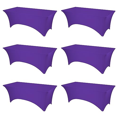 BRILLMAX 6 Pack Purple Fitted Spandex Table Covers - 8ft Stretch Tablecloths for 8 Foot Rectangle Cloths Rectangular Bulk Linen Fabric Elastic for Wedding Reception Banquet Birthday Party