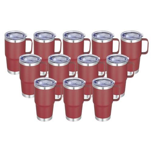 20 oz Stainless Steel Tumbler with Handle Bulk Metal Insulated Tumblers Travel Coffee Mug with Handle Double Wall Tumbler Cup with Lid and Straw, Wine Red 12 Pack