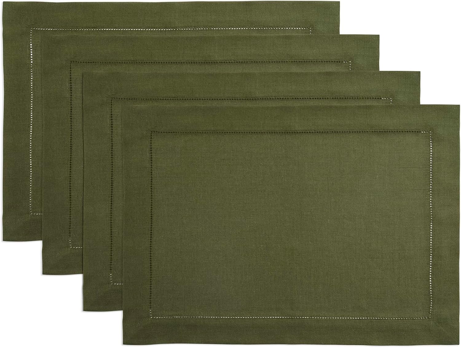 Solino Home Linen Cloth Placemats Set of 4-100% Pure Linen Hemstitch Olive Placemats 14 x 19 Inch - Classic Hemstitch Table Place Mats for Fall, Autumn, Thanksgiving
