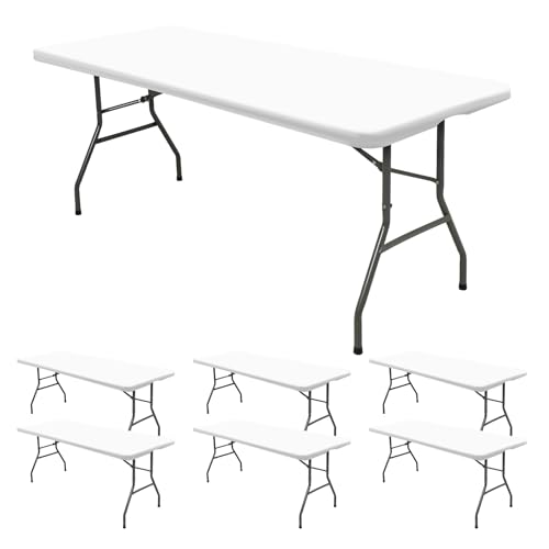 6 Pack Stretch Fabric Table Top Cap Cover, fits 8' Tables, Spandex Table Covers Washable Elastic Universal Rectangle Tablecloth Protector for Indoor Outdoor Party Picnic Wedding, White, 30" W x 96" L