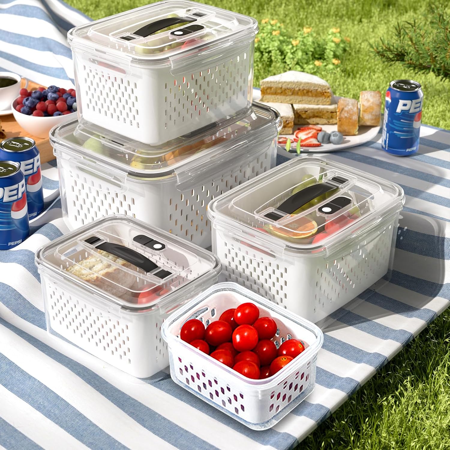 5 Pack Large Fruit Storage Containers for Fridge with vent holes and handle,Airtight Food Storage Containers Keep Fruits, Vegetables, Berry, Meat Fresh longer,BPA-free Fridge Storage Container