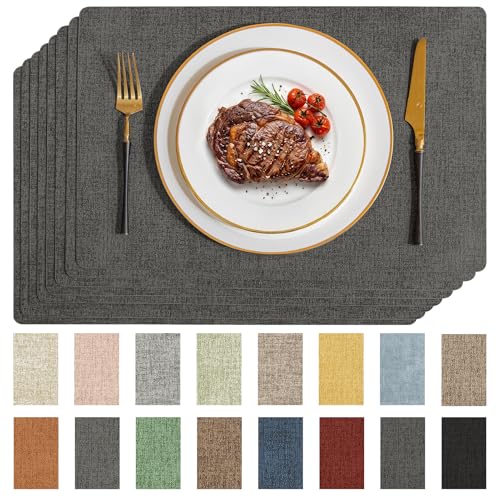 Romanstile Vinyl Placemats Set of 8-12 x 17 Inch - Heat Resistant Place Mats 100% Waterproof Oilproof Wipeable Reversible Faux Leather Table Mats for Kitchen/Dining/Party/Holiday, Dark Grey
