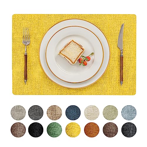 Romanstile Vinyl Placemats Set of 8-12 X 18 Inch - Heat Resistant Place Mats 100% Waterproof Oilproof Wipeable Reversible Faux Leather Table Mats for Kitchen/Dining/Party/Outdoor, Yellow