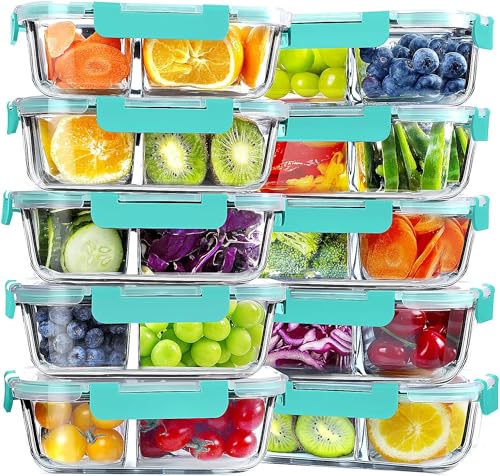 VERONES 10 Pack Glass Meal Prep Containers - 2 Compartment Set, 30 OZ Airtight Glass Lunch Containers with Lids, for Microwave, Oven, Freezer & Dishwasher Friendly, Green