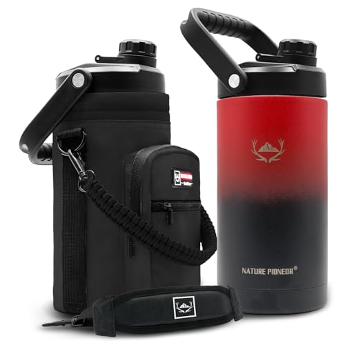 NATURE PIONEOR Insulated Water Bottles with Strap - 64 oz Stainless Steel Vacuum Wide Mouth Bottle with Holder/Carrier/Sleeve - 18/8 Food Grade 64oz Half Gallon Water Jug