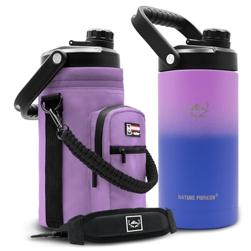 NATURE PIONEOR Insulated Water Bottles with Strap - 64 oz Stainless Steel Vacuum Wide Mouth Bottle with Holder/Carrier/Sleeve - Reusable 18/8 Food Grade Thermos Water Jug