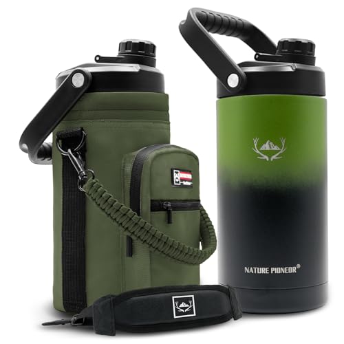 NATURE PIONEOR Insulated Water Bottles with Strap - 64 oz Stainless Steel Vacuum Wide Mouth Bottle with Holder/Carrier/Sleeve - 18/8 Food Grade 64oz Half Gallon Water Jug
