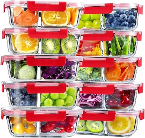 VERONES 10 Pack Glass Meal Prep Containers 2 Compartment Set, 30 OZ Airtight Glass Lunch Containers, Food Storage Containers with Lids, for Microwave, Oven, Freezer & Dishwasher Friendly,Red