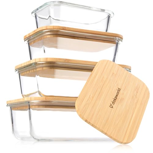 Set of 4 Stackable Space-Saving Nesting Glass Containers with Airtight Bamboo Lids - Lunch, Meal & Food Prep - Microwave & Oven Safe BPA Free Durable Heat Resistant Inert Borosilicate Glass