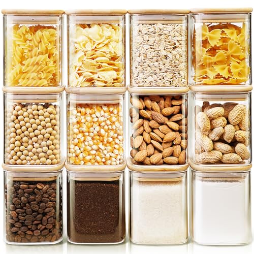 Square Glass Jars with Bamboo Lids 17 FL OZ [Set of 12], Glass Canisters with Airtight Lids, Glass Food Storage Containers for Spice, Sugar, Tea, Candies, Cookies, Best for Kitchen & Pantry