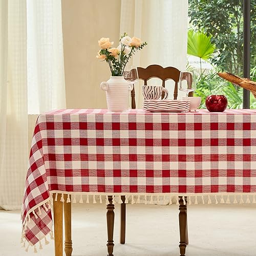 Table Cloth Rectangle Table-Rustic Gingham Tablecloth Buffalo Plaid Table Cloth for Thanksgiving Christmas Kitchen Dining Room (55x102 Inch,Red and White)