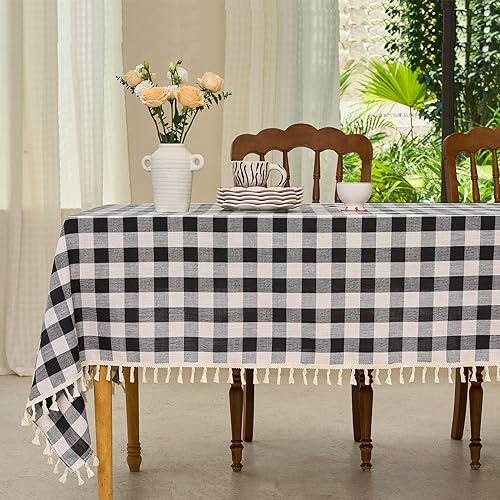 Table Cloth Rectangle Table-Rustic Gingham Tablecloth Buffalo Plaid Table Cloth for Thanksgiving Christmas Kitchen Dining Room (55x102 Inch,Black and White)