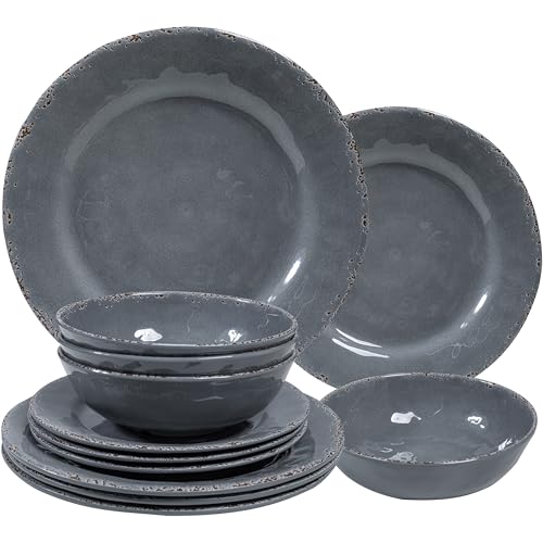 12 Pcs Vintage Melamine Dinnerware Sets, Durable Set Of 4 Plates and Bowls Set, Lightweight Dishes Dinnerware Sets for Indoor and Outdoor Use, BPA Free,Cool Gray