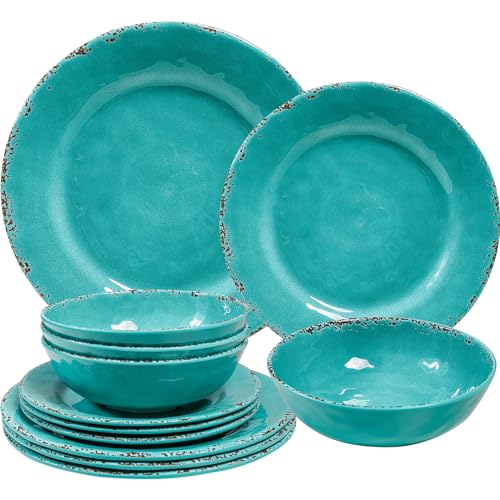 Farmhouse Melamine Plates and Bowls Set, Set of 4 BPA Free 100% Melamine 12 Piece Vintage Dishes Dinnerware Sets,Dishwasher Safe, Teal