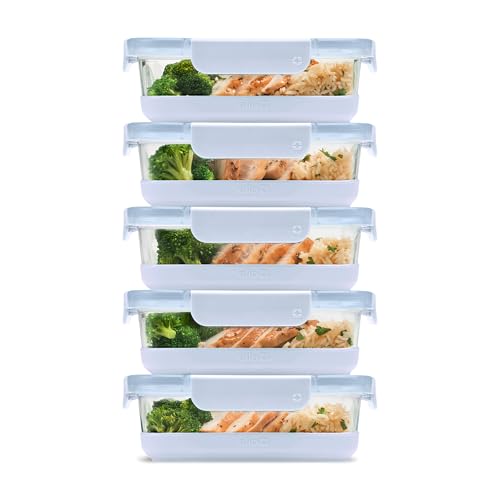 Ello Duraglass 3.4 Cup Meal Prep Sets 10Pc, 5 Pack Set- Glass Food Storage Container with Silicone Boot and Airtight BPA-Free Plastic Lids, Dishwasher, Microwave, and Freezer Safe, Halogen Blue