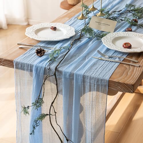 6pcs Light Blue Gauze Rustic Cheesecloth Table Runner 120 Inch 10 FT for Wedding Baby Shower Bridal Shower Birthday Engagement Garden Outdoor Party Long Sheer Boho Decorations