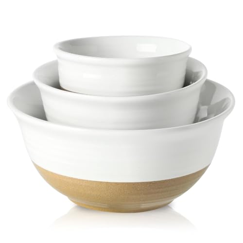 Hasense Ceramic Mixing Bowls, Large Salad Pasta Bowls Set, 2.1/1.0/0.5 Qt Serving Bowls for Entertaining, White Nesting Batter Bowls for Prepping Baking, Dishwasher Microwave Safe, Set of 3