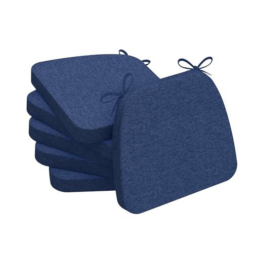 AAAAAcessories D-Shaped Chair Cushions, 2" Thick Dining Chair Pads with Ties and Removable, Machine-Washable Cover, 17" x 16", Set of 6, Blue