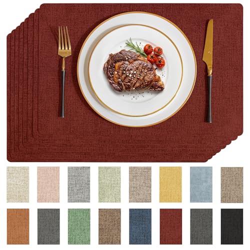 Romanstile Vinyl Placemats Set of 8-12 X 18 Inch - Heat Resistant Place Mats 100% Waterproof Oilproof Wipeable Reversible Faux Leather Table Mats for Kitchen/Dining/Party/Outdoor, Red