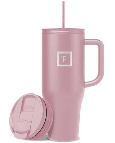 IRON FLASK Co-Pilot Insulated Mug w/Straw & Flip Cap Lids - Cup Holder Bottle for Hot, Cold Drink - Leak-Proof- Water, Coffee Portable Travel Tumbler - Cosmetic Pink, 40 Oz