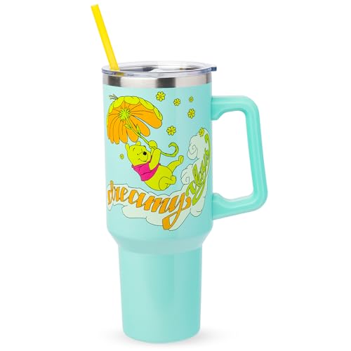 Silver Buffalo Disney Winnie the Pooh Dreamy Days Retro Art Stainless Steel Tumbler with Handle and Straw, Fits in Standard Cup Holder, 40 Ounces
