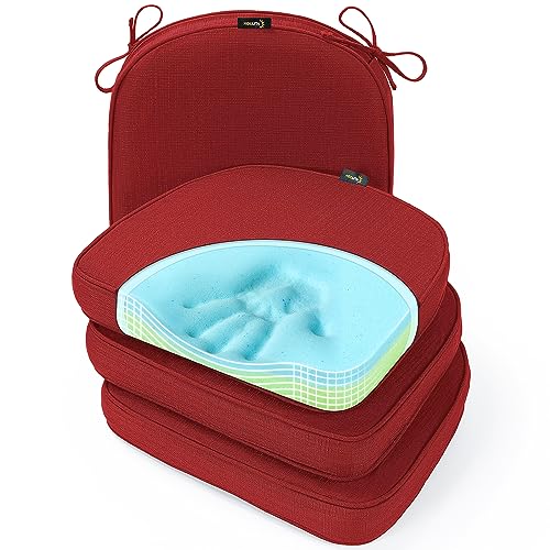 SUNROX Gel Memory Foam Chair Cushions, FadeShield Water-, Stain-Resistant Durable Reversible Seat Cushion Pads with Ties for Indoor/Outdoor Kitchen Dining Office, 19"x19", Set of 4, Burgundy