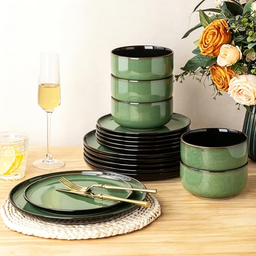 LeRatio Ceramic Dinnerware Sets for 6,Porcelain Plates and Bowls Sets,Handmade Reactive Glaze Dishes Set,Chip Resistant and Scratch Resistant | Oven&Dishwasher & Microwave Safe-Green(18PCS)