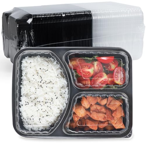 FRESHPAK Food Containers Reusable 40 Pack 38oz - Shrink Wrap Leakproof | Portion Control Leftover Plastic Container with Lid | BPA Free Freezer & Microwave Safe Meal Prep | 3 Compartment Takeout Boxes