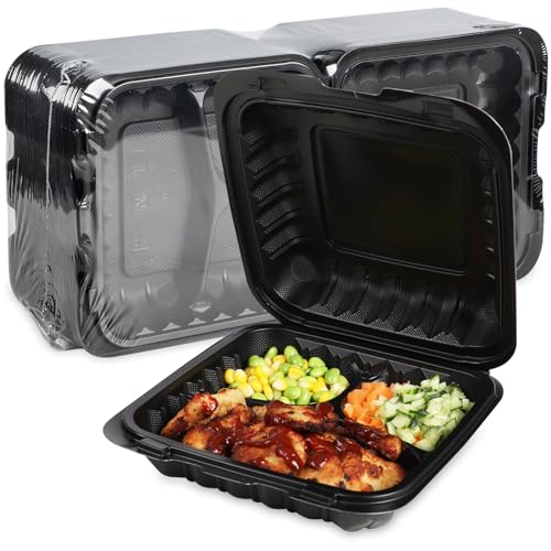 FRESHPAK Food Containers Mineral Filled PP 55 Pack - 8x8 34 oz Shrink Wrap BPA Free Plastic | Stackable Storage Clamshell Takeout Container | Reusable Microwave Safe | 3 Compartment Black Lunch Boxes