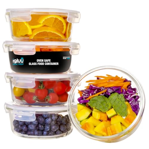 Igluu Meal Prep Glass Containers [5 pack + extra lid] - Glass Food Storage, Microwave, Oven, Freezer & Dishwasher -safe - Airtight Meal Prep Boxes with Snap Lock Steam Vent Lids, BPA-Free (950ml 32oz)