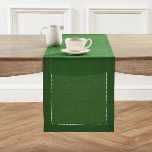 Solino Home Linen Garden Green Table Runner 108 Inches Long - 100% Pure Linen Hemstitch 14 x 108 Inch Table Runner for Dining, Christmas, Winter - Classic Hemstitch