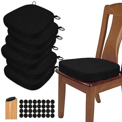 BUYUE Thickened 2.5" Dining Chair Cushions Set of 6, U-Shape High Density Foam Comfortable Chair Pads for Kitchen, Slip Resistant Indoor Seat Cushions (6 PCS, Black)
