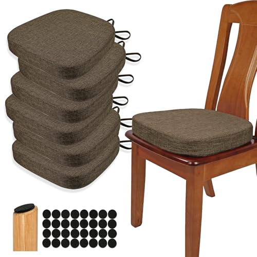 BUYUE Thickened 2.5" Dining Chair Cushions Set of 6, U-Shape High Density Foam Comfortable Chair Pads for Kitchen, Slip Resistant Indoor Seat Cushions (6 PCS, Brown)