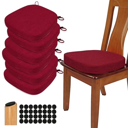 BUYUE Thickened 2.5" Dining Chair Cushions Set of 6, U-Shape High Density Foam Comfortable Chair Pads for Kitchen, Slip Resistant Indoor Seat Cushions (6 PCS, Red)