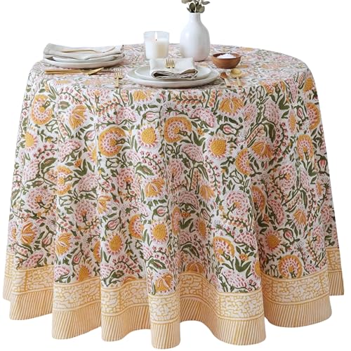 ATOSII Clover Yellow 100% Cotton Round Tablecloth, Handblock Print Floral Table Cloth for Kitchen Dining Linen I Parties, Weddings, Outdoors, Christmas, Thanksgiving I Fall Home Decor 60" Inches Round