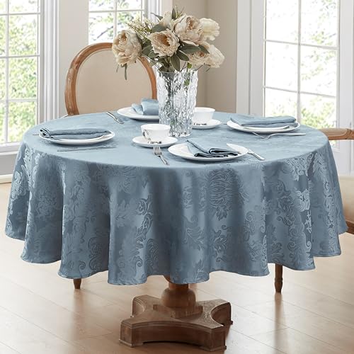 Newbridge Barcelona Damask Fabric Tablecloth, 90 Inch Round, Blue  No Iron, Soil Resistant Table Cover for Dining, Parties and Holidays