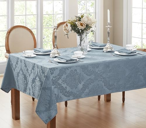 Newbridge Barcelona Damask Fabric Tablecloth, 60 x 144 Inch Rectangle, Blue  No Iron, Soil Resistant Table Cover for Dining, Parties and Holidays