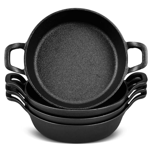 Mini Cast Iron Skillets 7 x 7 x 1.7 Inch Cast Iron Pan Small Ramekin Set Black Casserole Dish Cookware Oven Safe Mini Skillets for Kitchen Indoor Outdoor Picnic (4 Pack)