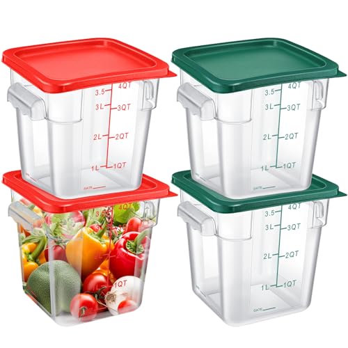 Maxcheck 4 Pcs 4Qt Food Storage Container with Lids Set Square Clear Commercial Containers with Scale and Handle Space Saving for Home Kitchen Restaurant Proof Dough Marinating Meat (Red, Green)