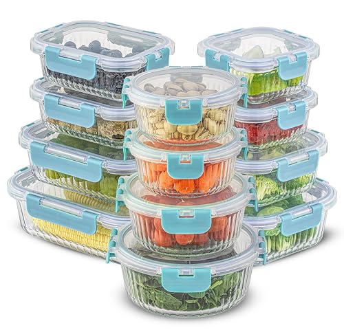 JoyJolt 24pc Borosilicate Glass Storage Containers with Lids | 12 Airtight/Freezer Safe Food Storage Containers for Pantry and Kitchen | Meal Prep Container for Lunch | Glass Tupperware Set