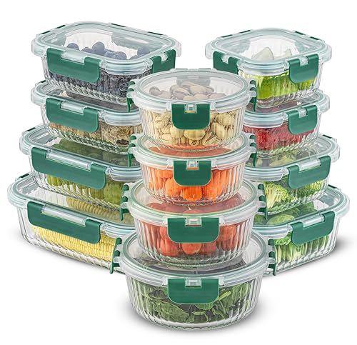 JoyJolt 24pc Borosilicate Glass Storage Containers with Lids | 12 Airtight/Freezer Safe Food Storage Containers for Pantry and Kitchen | Meal Prep Container for Lunch | Glass Tupperware Set