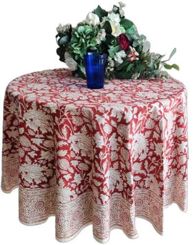 ATOSII Meraki Red 100% Cotton Round Tablecloth, Handblock Print Floral Table Cloth for Kitchen Dining Linen I Parties, Weddings, Outdoors I 60" Inches Round I 4 Seater