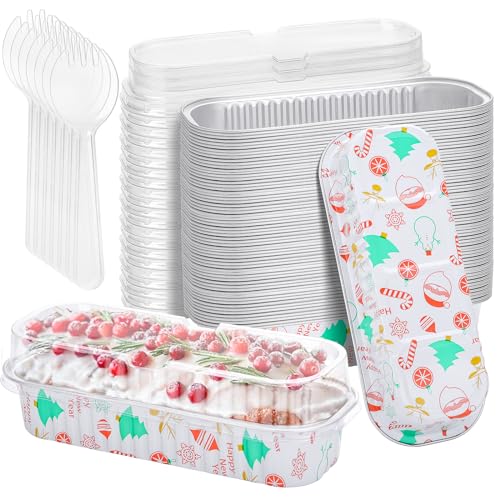 100Pack Christmas Mini Cake Pans Disposable Mini Loaf Pans with Lids and Spoons, 6.8Oz Aluminum Foil Pans Tins, Individual Dessert Cups Containers for Sales,Party,Picnics