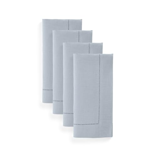 Solino Home Dusty Blue Linen Napkins Set of 4-100% Pure Linen Hemstitch Dinner Napkins 20 x 20 Inch for Fall, Autumn, Thanksgiving - Classic Hemstitch