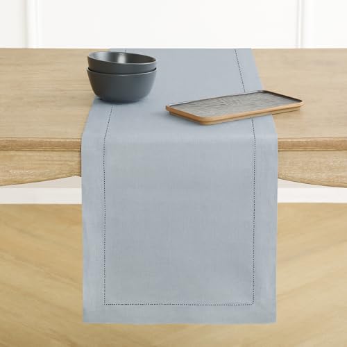Solino Home Linen Dusty Blue Table Runner 90 Inches Long - 100% Pure Linen Hemstitch 14 x 90 Inch Table Runner for Dining, Fall, Autumn, Thanksgiving - Classic Hemstitch