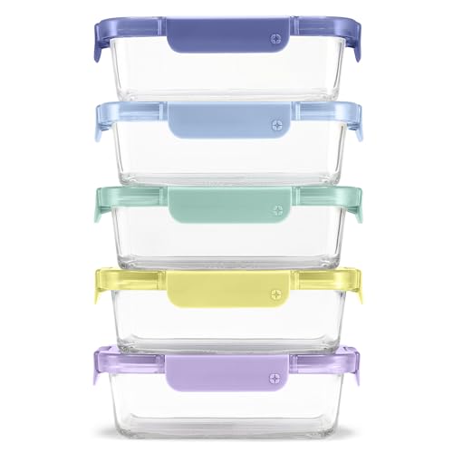 Ello Color Lock 3.4 Cup 10PC, 5 Pack Glass Meal Prep Sets Leak-Proof Glass Food Storage Containers with Airtight BPA-Free Plastic Lids, Dishwasher, Microwave, and Freezer Safe, Purple Rain